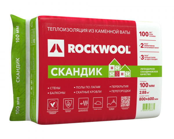 Утеплитель Скандик Лайт Баттс-100 60х80см 2,88м2 0,288м3 пл33кг/м3 ROCKWOOL(1уп-6шт)